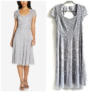 Adrianna Papell Cap Sleeve Sequins Silver Embellished Midi Dress Gray Size 6